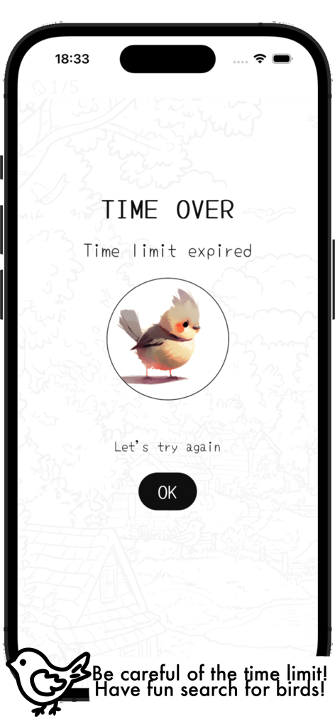 Tela de tempo esgotado no jogo ColorBird mostrando uma ilustração de pássaro colorida e mensagem de tentar novamente