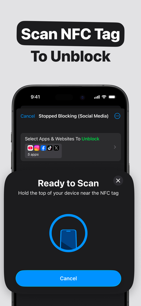 Refocus app screen showing NFC tag scanning feature to unblock social media apps