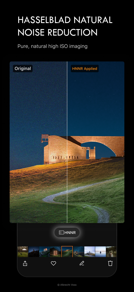 Phocus Mobile 2 - Before and after comparison of Hasselblad Natural Noise Reduction feature on a night landscape photo