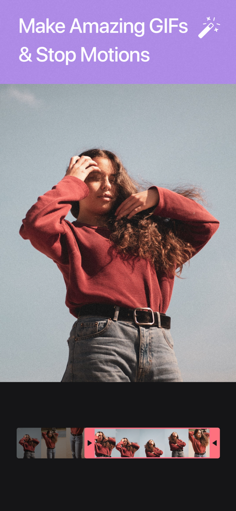 Momento app interface showing how to create GIFs and stop motion videos from a sequence of photos