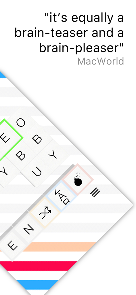 Word Forward - A screenshot of the Word Forward app featuring an endorsement quote from MacWorld calling it a brain-teaser and brain-pleaser.