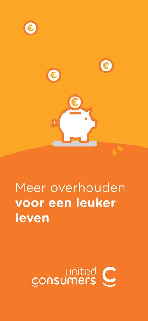 Piggy bank illustration on orange background with UnitedConsumers logo and savings slogan