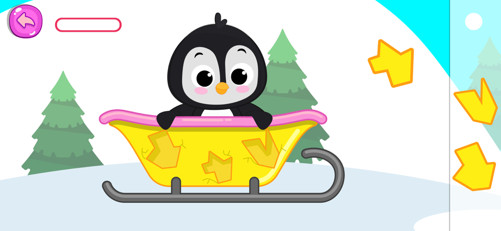 Baby Pet Care Games & Dress up - A cute cartoon penguin sitting in a yellow sled in a snowy winter landscape