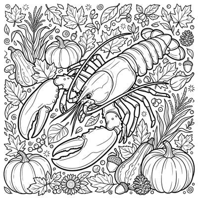 Celebrate the bounty of autumn with this unique American Lobster coloring page, nestled among classic fall harvest elements. Immerse yourself in a world of crisp leaves, plump pumpkins, and a majestic lobster, ready for your creative touch.