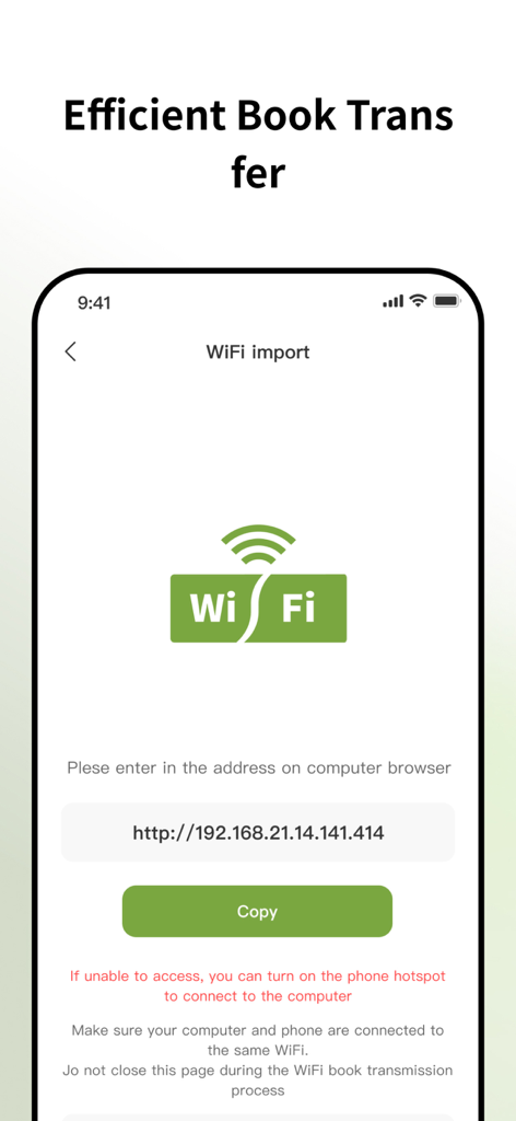 Natural Reader - WiFi import screen in the Natural Reader app showing how to wirelessly transfer ebooks from a computer