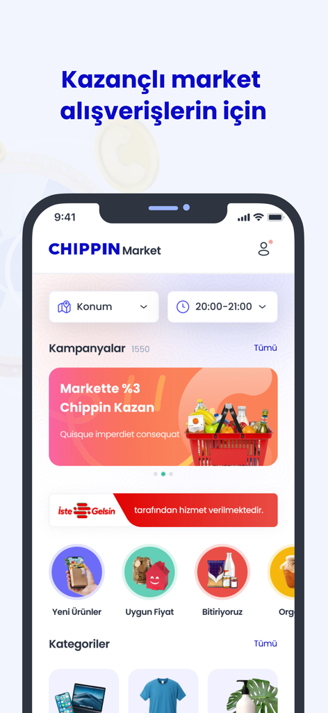 Chippin - Smartphone displaying the Chippin Market app interface with grocery shopping categories and cashback offers