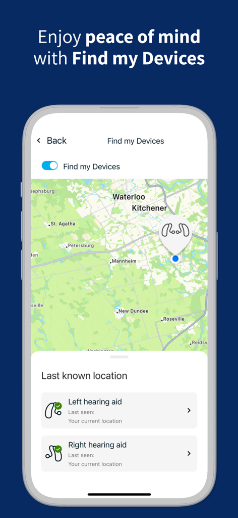 Interface of the Hearing Remote app showing the Find my Devices feature with a map and last known location of hearing aids