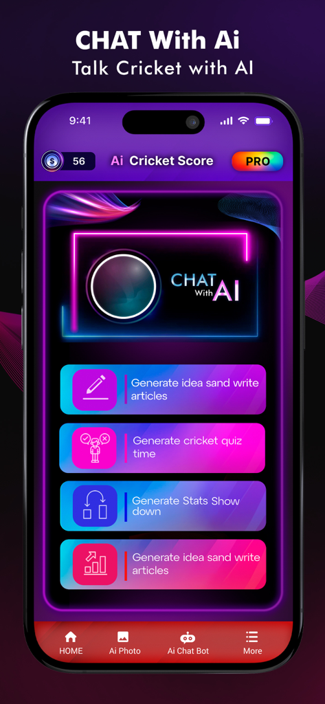 PTV Live Sports Cricket HD - Mobile app screen showing Criko AI chatbot interface with options for cricket articles quizzes and stats