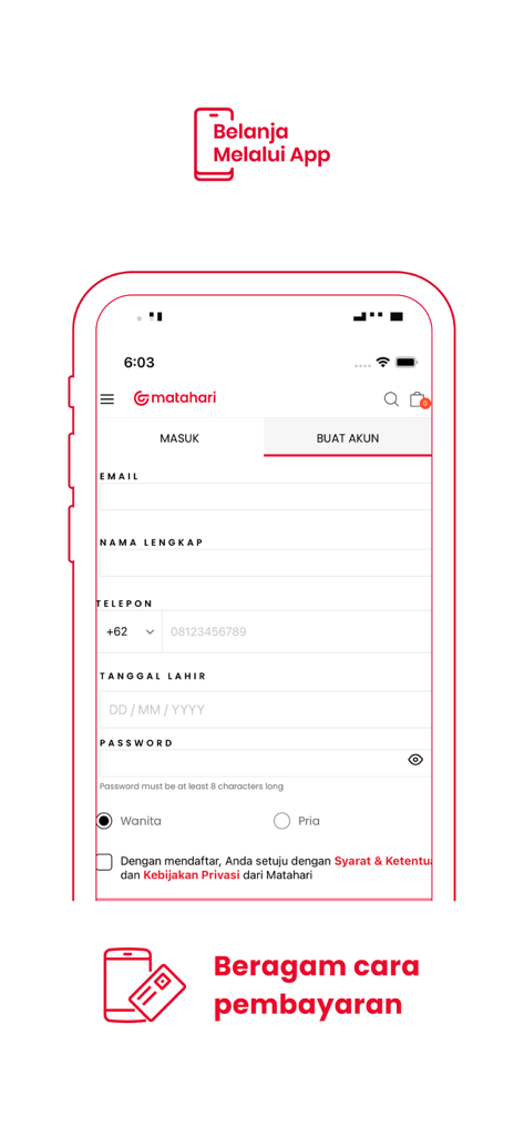 Matahari App - Registration screen of the Matahari App showing form fields for user sign up in Indonesian