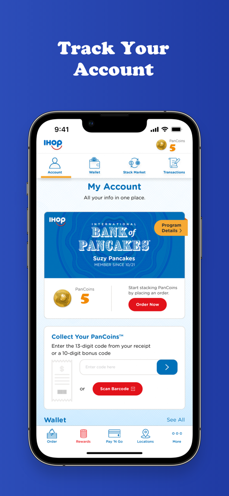 IHOP - IHOP app My Account screen displaying PanCoins balance and loyalty membership details.