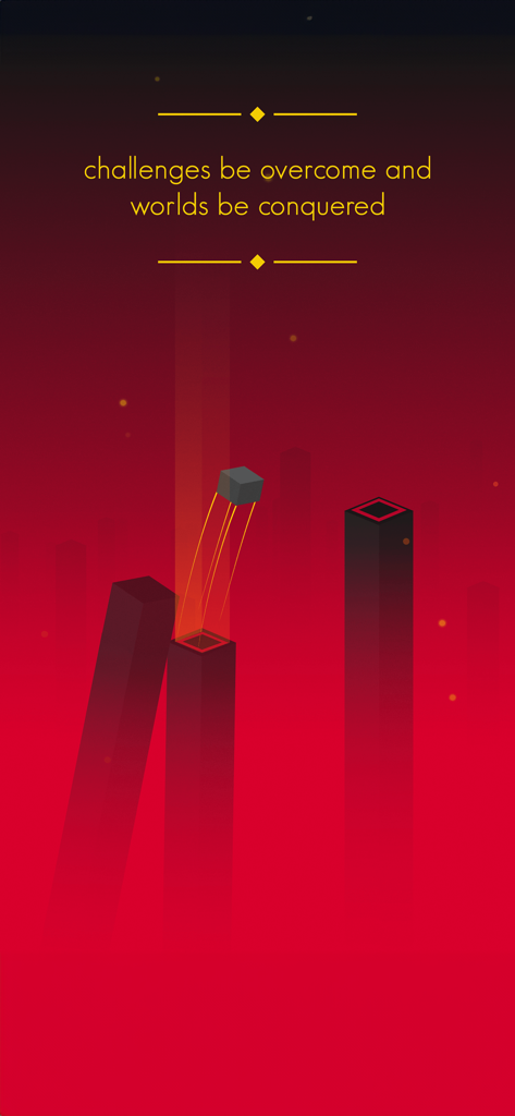 Ein Würfel, der in einer roten minimalistischen Welt aus dem Spiel BLUK zwischen Säulen springt