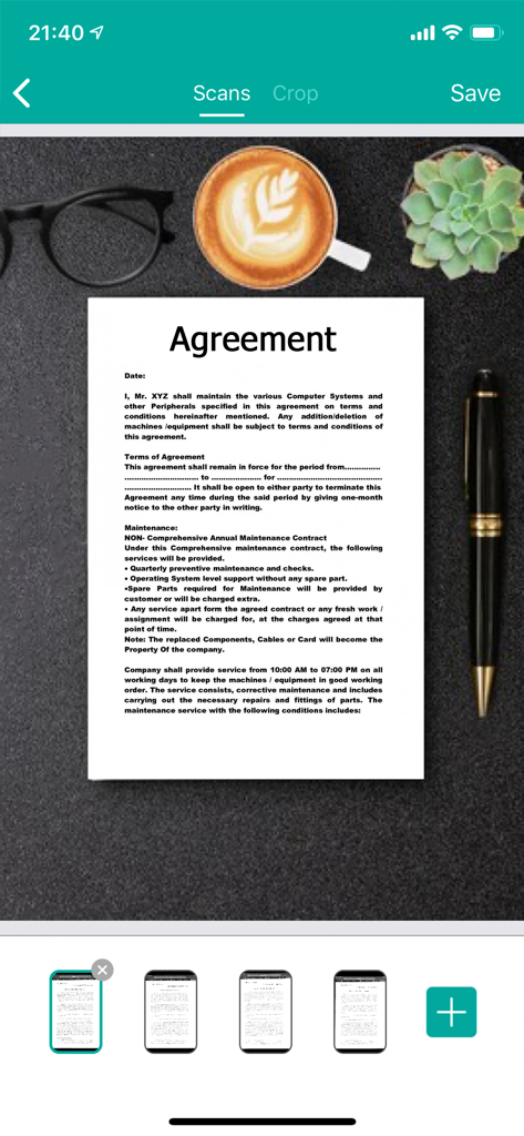 ビジネス契約書のデジタルスキャン画像と編集ツールが表示されたモバイルアプリのインターフェース。