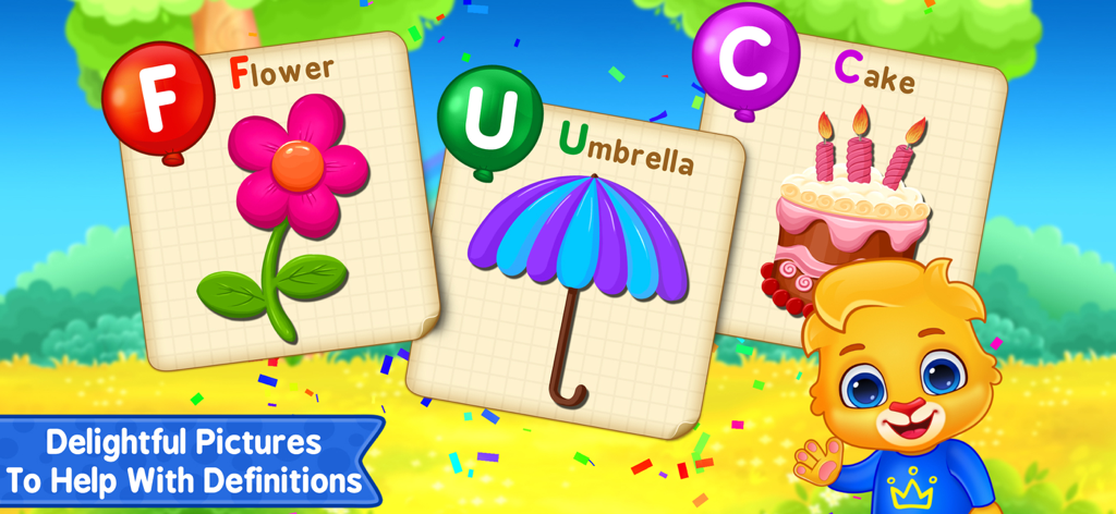 ABC Kids - Tracing & Phonics - Educational flashcards for letters F, U, and C featuring a flower, umbrella, and cake with a friendly cartoon character.