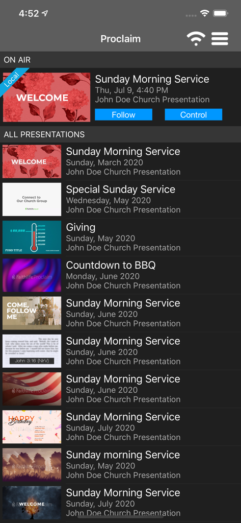 Proclaim Remote - La aplicación Proclaim Remote mostrando una lista de presentaciones de servicios de iglesia