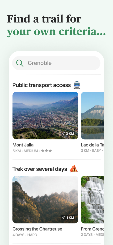 Hika - Hiking trails and maps - Interface de l'application mobile Hika montrant les sentiers de randonnée filtrés par accès aux transports publics et options de randonnée sur plusieurs jours à Grenoble.