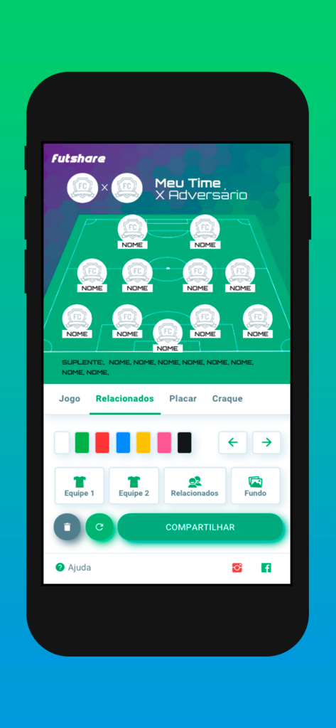 Futshareアプリのインターフェース。戦術的なフィールドビューを備えたサッカーチームのラインナップ作成者を表示