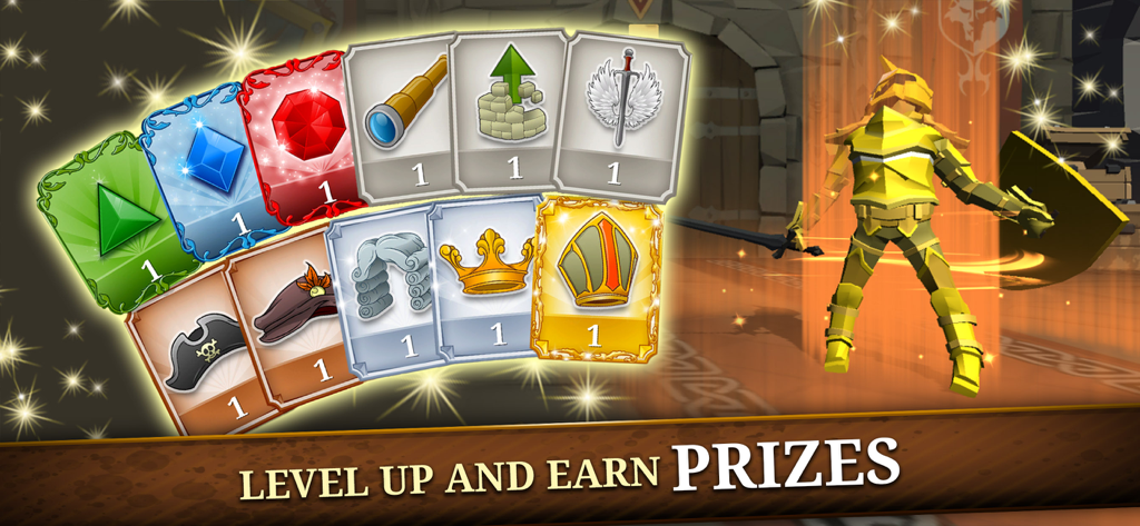 A golden knight standing next to collectible prize cards with the text level up and earn prizes