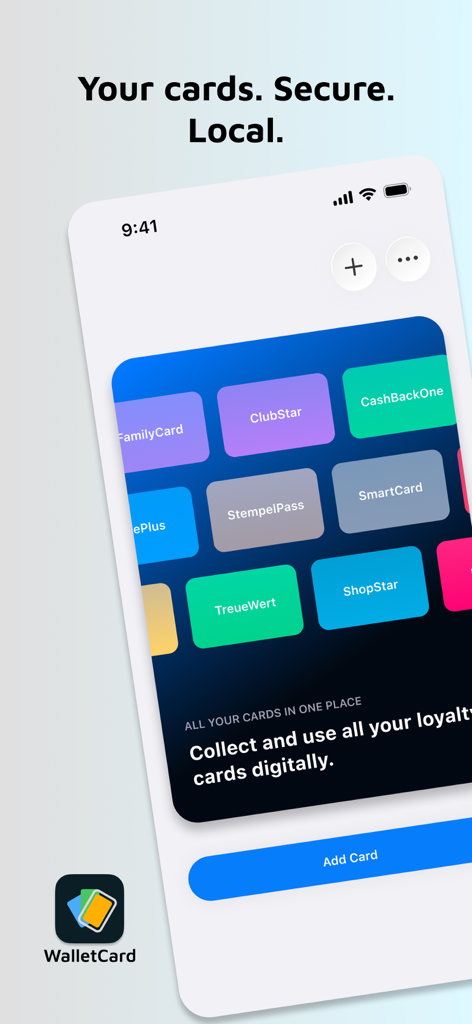 WalletCard – Loyalty Cards - iPhone screen displaying the WalletCard app interface with various digitized loyalty and membership cards
