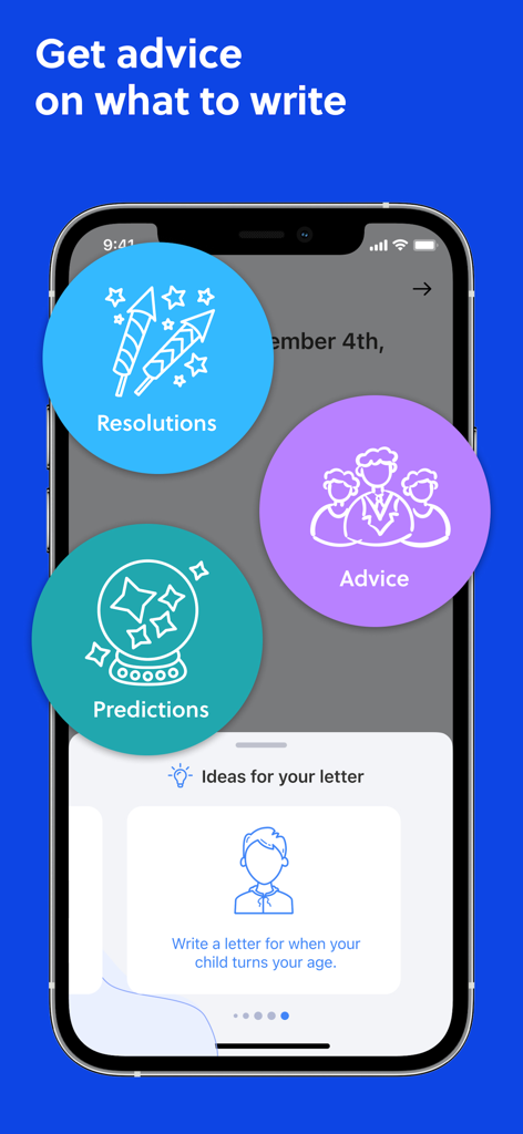 Un écran mobile de l'application FutureMe affichant des suggestions d'écriture pour des résolutions, des conseils et des prédictions.