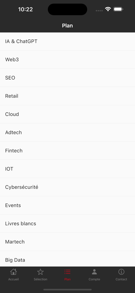 Journal du Net - Navigation menu showing tech and business news categories like AI, SEO, and Fintech in the Journal du Net app.