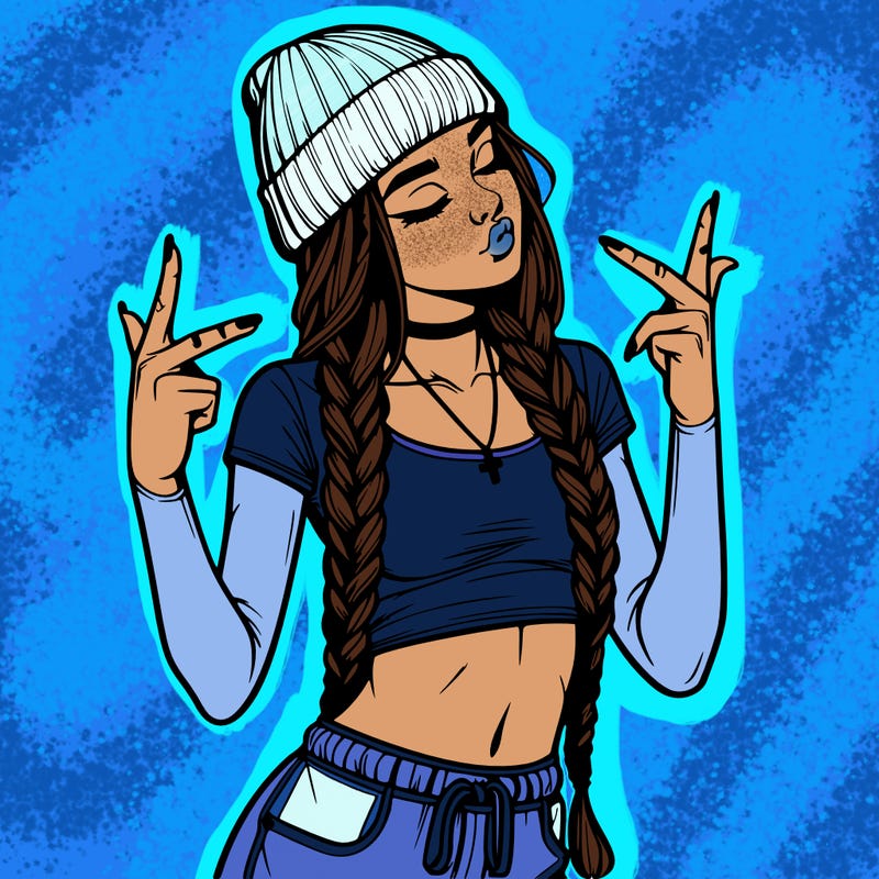 realistic teenage girl with braids and a beanie and crop top doing 🫶🏼