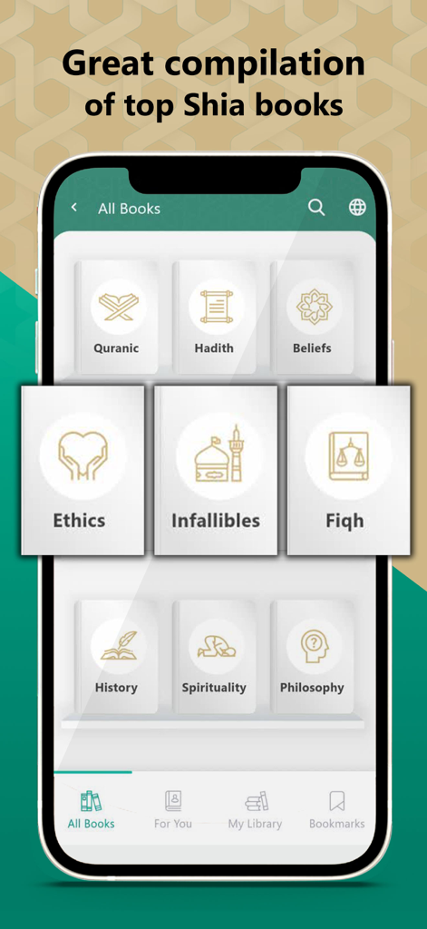 Shia Muslim - Shia Muslim app library screen showing book categories like Quranic Hadith and Ethics