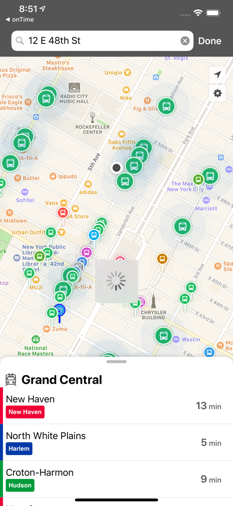 onTime : MNR - MetroNorth Rail - Map view of Grand Central Terminal train schedules and nearby transit stops in the onTime app