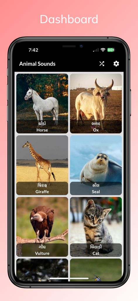 Animal Sounds - With Birds - Panel de la aplicación Sonidos de Animales que muestra una cuadrícula de fotos de animales como un caballo, jirafa y foca con etiquetas bilingües