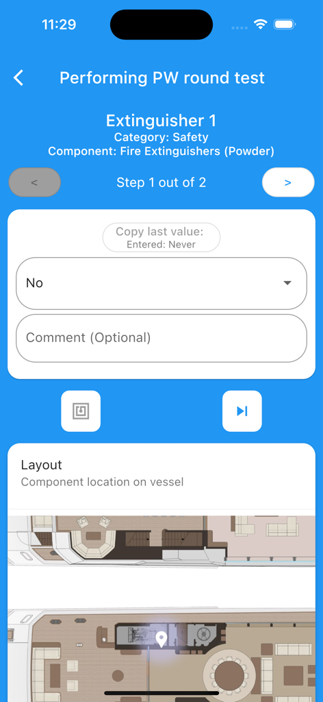 IDEA YACHT - IDEA YACHT app interface performing a fire extinguisher safety round test with vessel deck plan location