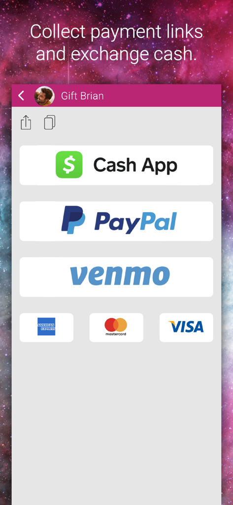 Mobile screen showing options to collect payment links via Cash App, PayPal, and Venmo in the Wishfinity app.