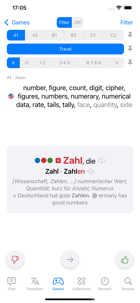 Nouns German Dictionary - A screenshot of the flashcard game interface in the Nouns German Dictionary app showing the German noun Zahl