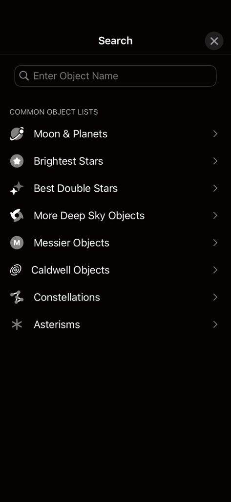 Celestron StarSense Explorer - Schermata di ricerca dell'app StarSense Explorer che mostra categorie comuni di oggetti celesti come Luna e Pianeti
