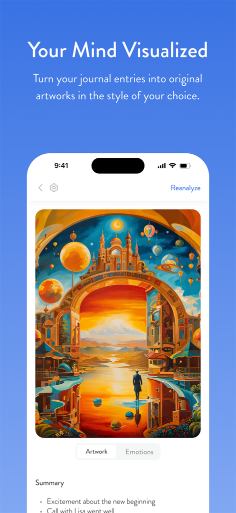 Mindsera: Daily AI Journaling - マインドセラアプリのインターフェース、ユーザーのジャーナルエントリに基づいたカラフルなAI生成アートワークを表示