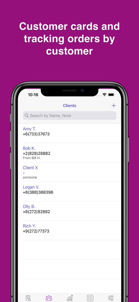 iZ: Orders calculator - Una lista de clientes con detalles de contacto en la aplicación iZ Orders calculator