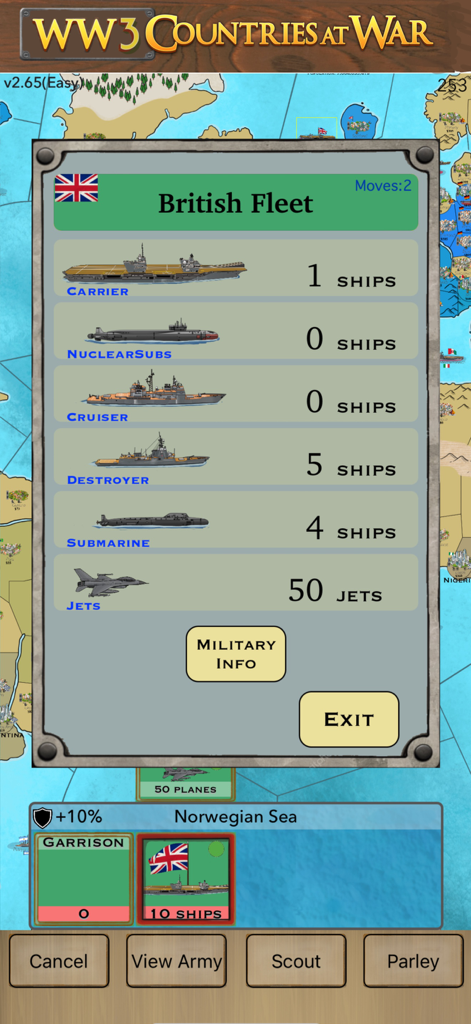 WW3 Countries at War - WW3 Countries at War gameplay showing the British Fleet unit management screen with carriers and jets