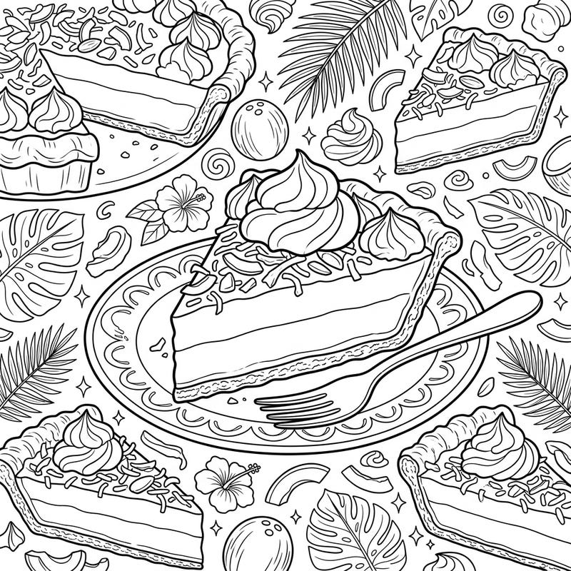 Savor the sweetness of the tropics with this delightful Coconut Cream Pie coloring page. Perfect for anyone who loves dessert, this intricate design features multiple slices ready for your creative touch.
