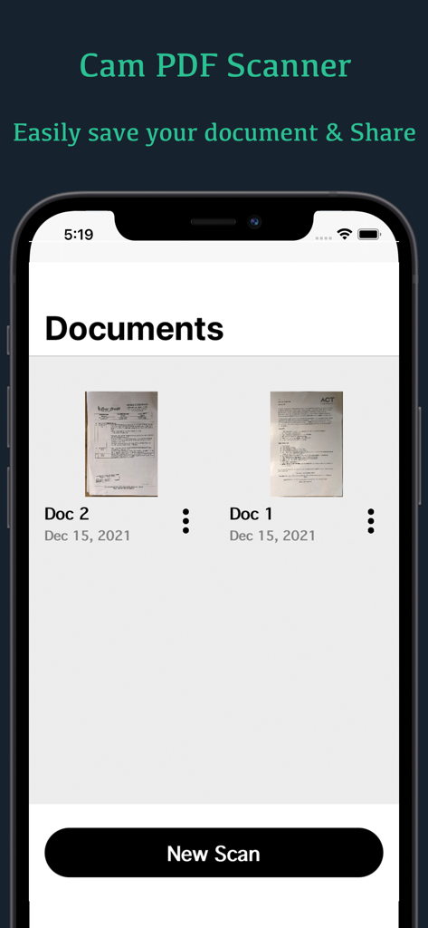 Cam PDF Scanner - iPhone screen showing the documents list in the Cam PDF Scanner app