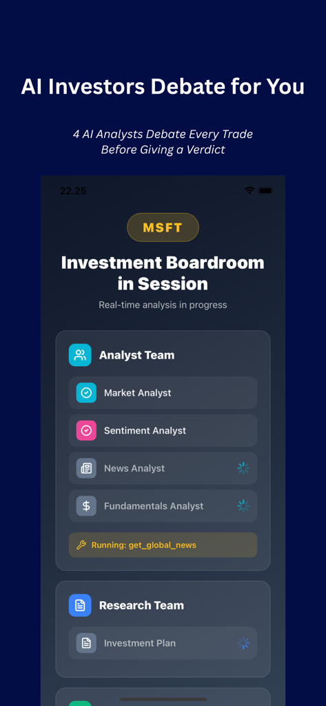 Interfaz de la aplicación Consensus AI mostrando múltiples equipos de analistas de IA debatiendo datos de acciones para MSFT en una sala de juntas de inversión virtual.