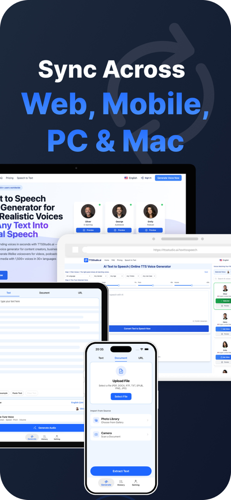 AI Voice TTS – Text to Speech - Die AI Voice TTS-Oberfläche wird auf einem Laptop, Tablet und Smartphone angezeigt und zeigt die plattformübergreifende Synchronisierung.
