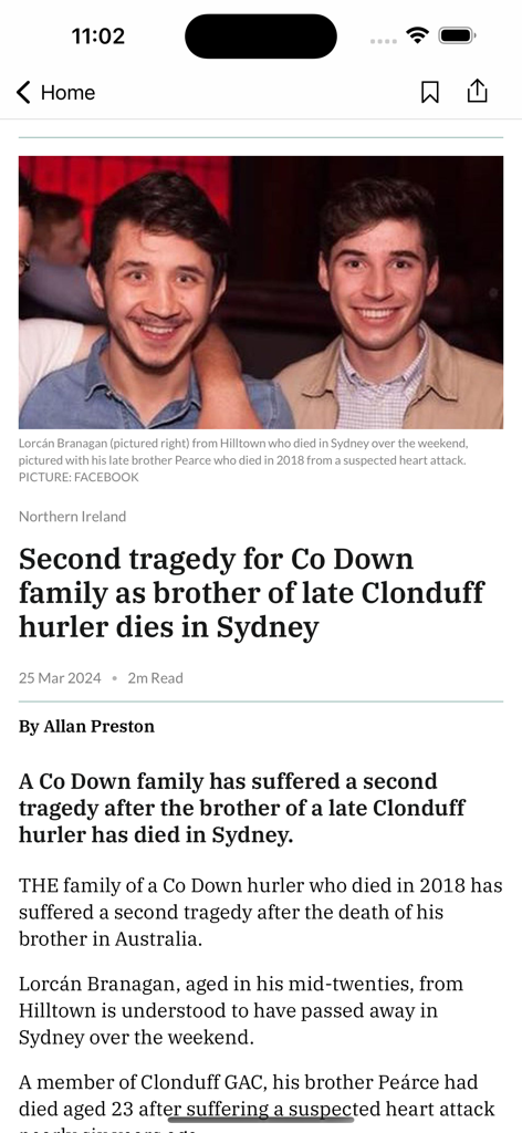 The Irish News Digital Edition - A news article on The Irish News app reporting on a local story from Northern Ireland