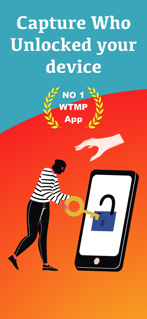 WTMP | Who Touched My Phone? - An illustration showing a masked thief trying to unlock a smartphone with a key, featuring the text Capture Who Unlocked your device.