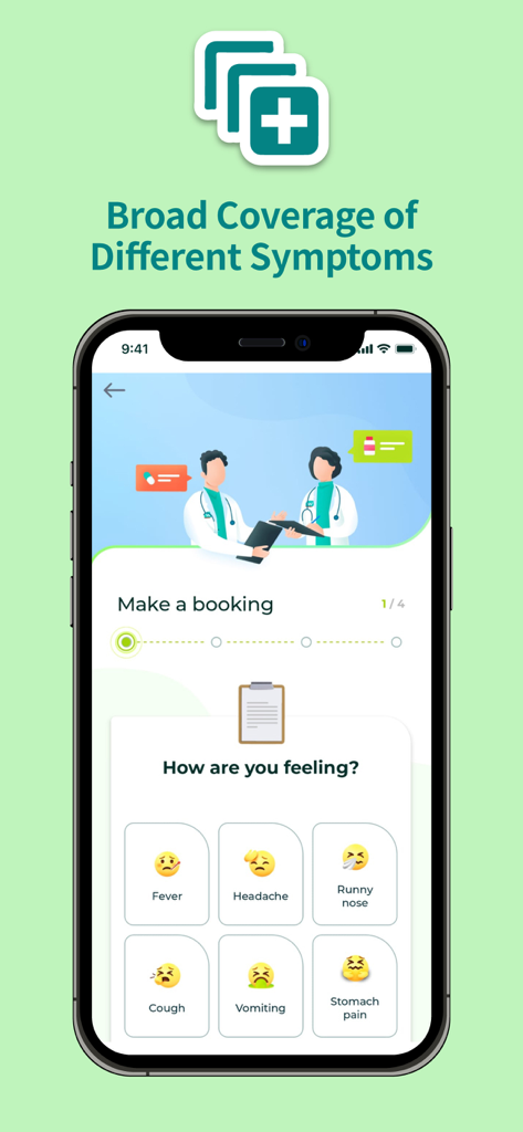 의료 예약 과정에서 증상 선택을 위한 Watsons eDr 앱 인터페이스