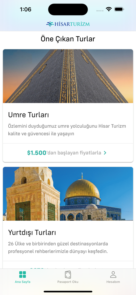 Hisar Turizm - Écran d'accueil de l'application mobile Hisar Turizm présentant les listes de circuits Omra et internationaux