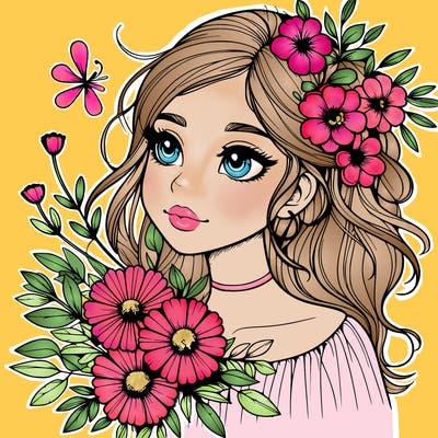 realistic girl with flowers