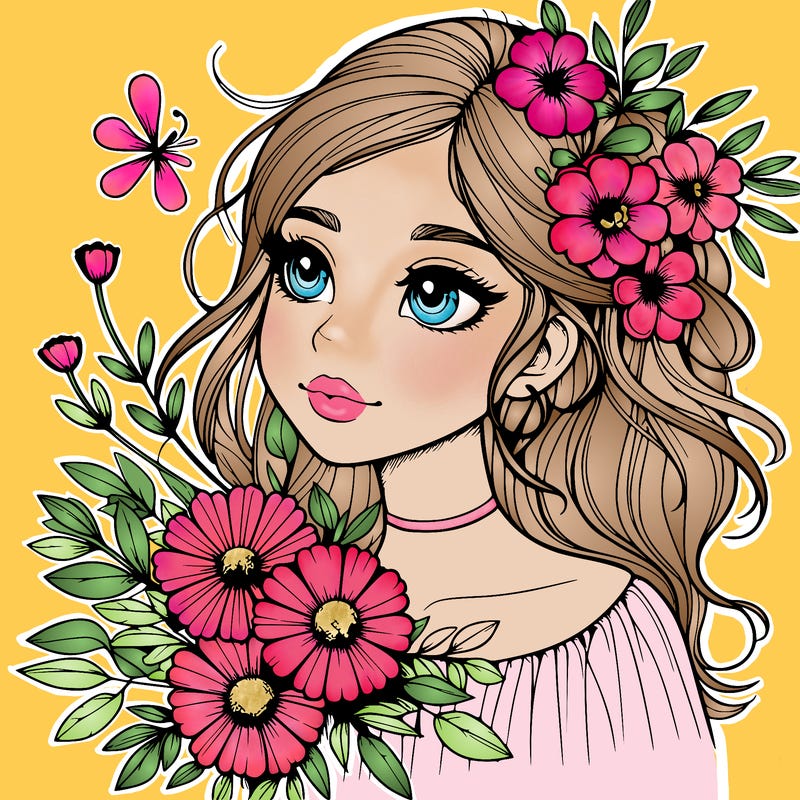 realistic girl with flowers