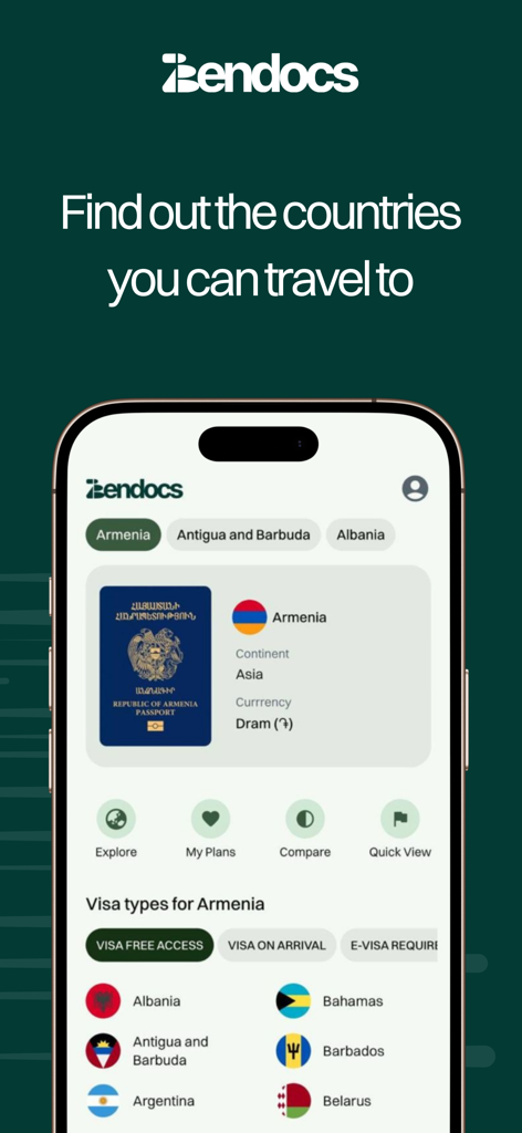 Zendocs - Interfaz de la aplicación móvil Zendocs que muestra requisitos de visado internacionales e información de pasaporte