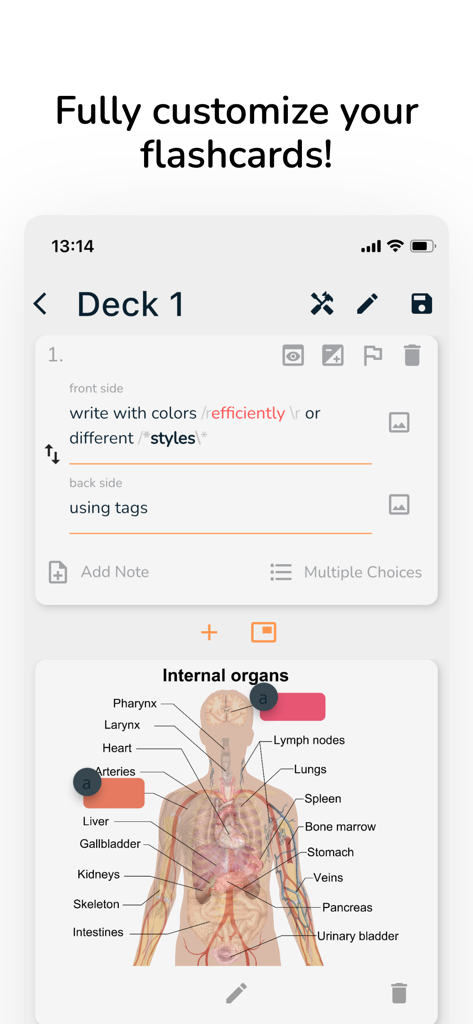 OutLearn: Spaced Repetition - OutLearn app interface showing flashcard customization with text styles and image occlusion on an anatomy diagram of internal organs.