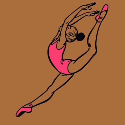 gymnast doing a leap in a leotard with a bent back leg