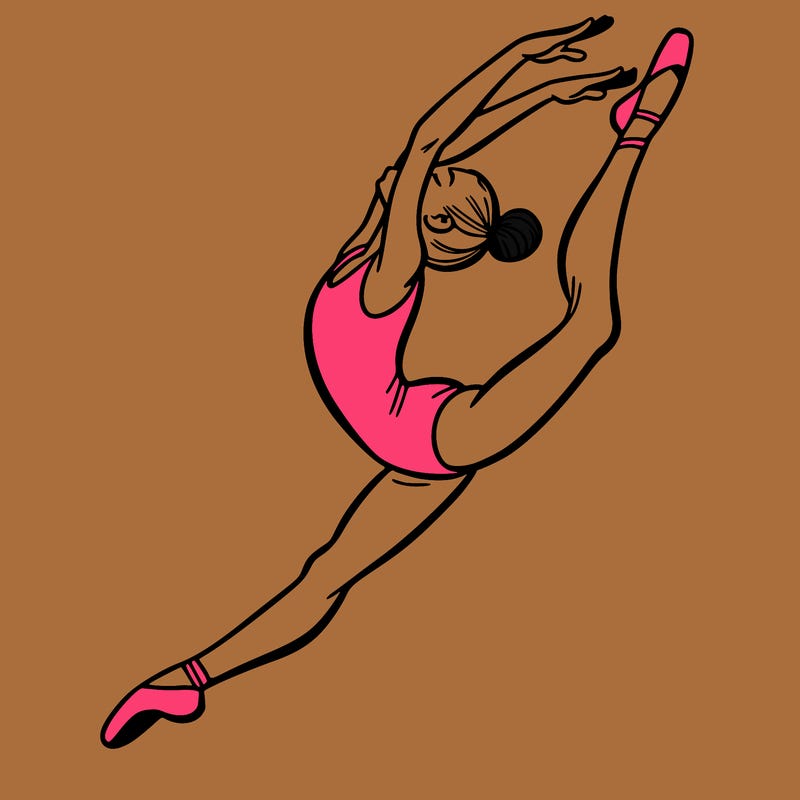 gymnast doing a leap in a leotard with a bent back leg