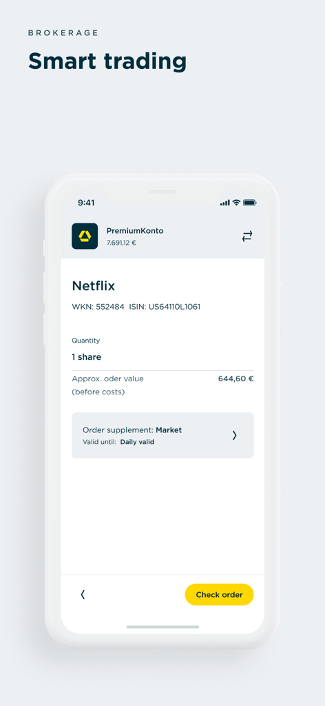 Commerzbank Banking - Commerzbank 뱅킹 앱 스마트 거래 인터페이스에 넷플릭스 주식 매수 주문 표시